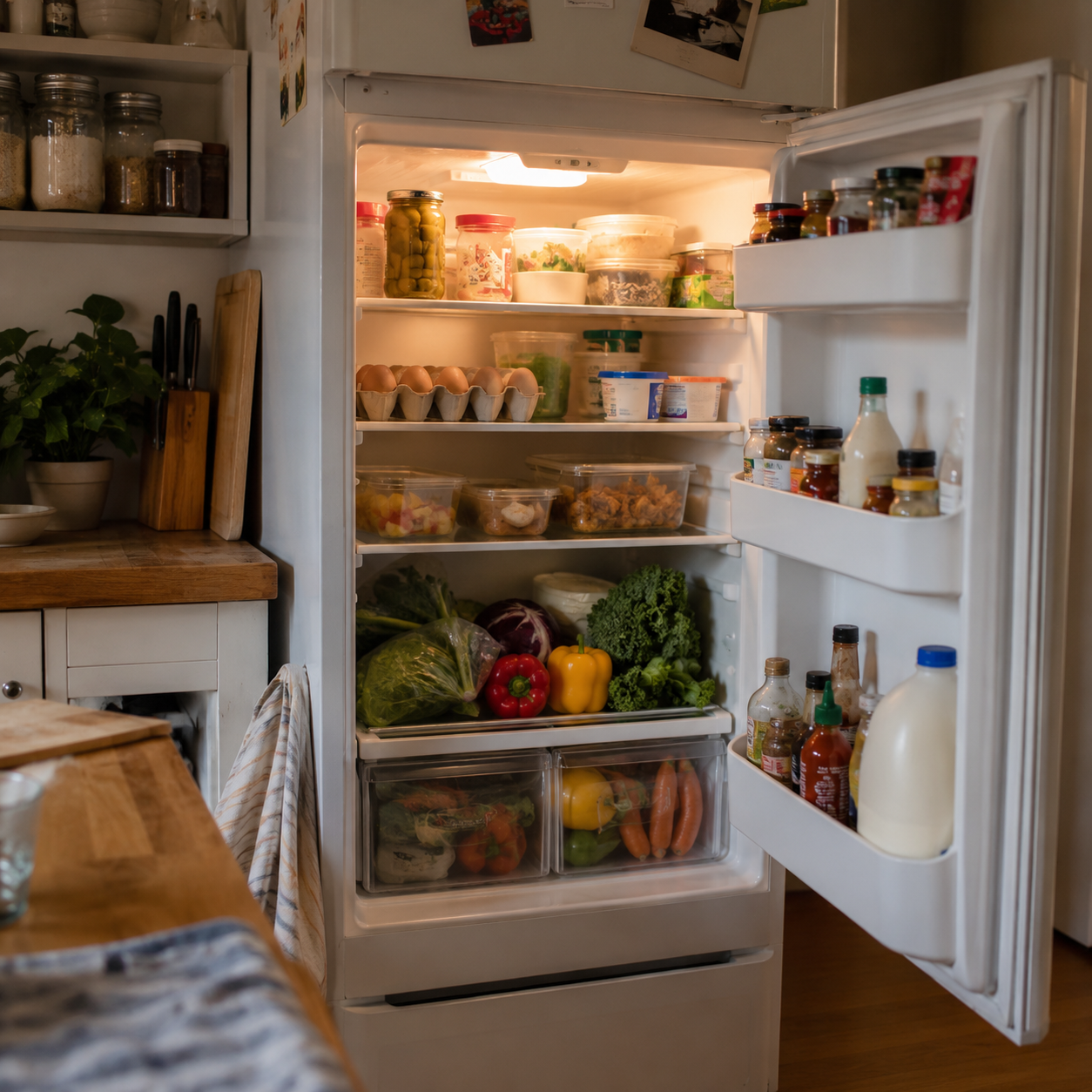 An open fridge with everyday food
